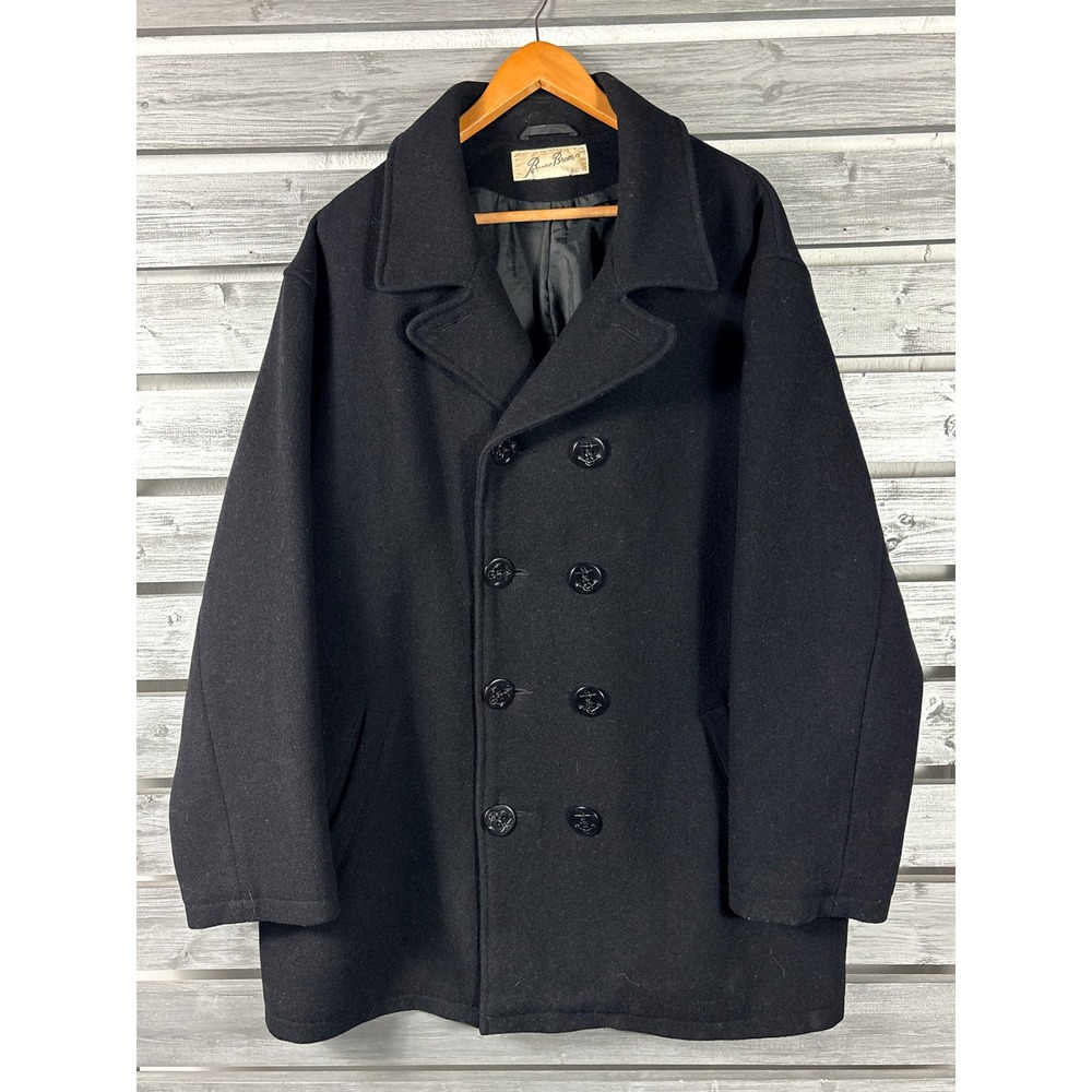 Vintage Beau Brem Mens Black Wool Double Breasted Pea Coat Anchor Buttons Large
